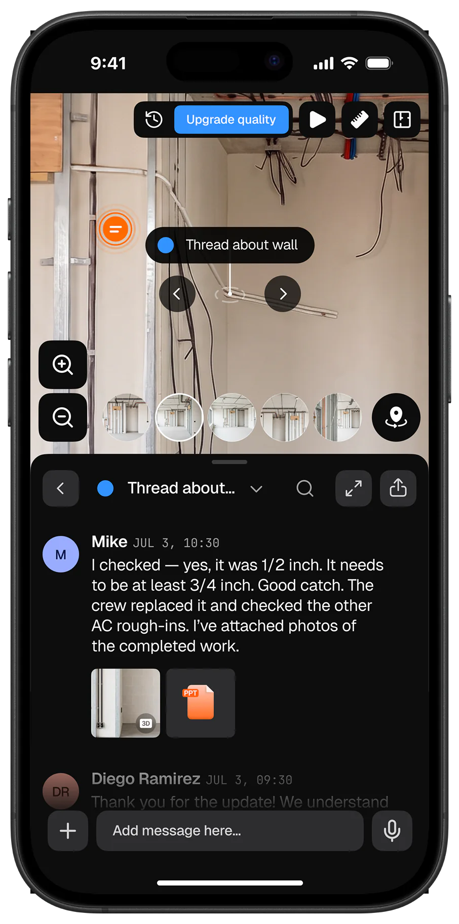 Foreal on iPhone — thread pinned in the 3D scan